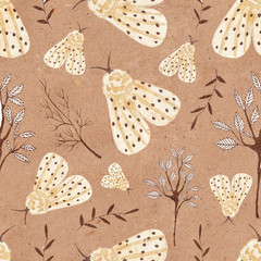 Seamless pattern with watercolor moths and leaves on kraft textured background