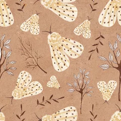 Printed roller blinds Gothic Seamless pattern with watercolor moths and leaves on kraft textured background