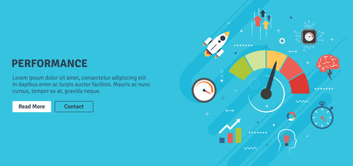 Performance and efficiency, growth in business and speed for success in startup or new business. Increase in finance. Internet banner concept in flat design vector illustration in blue background.