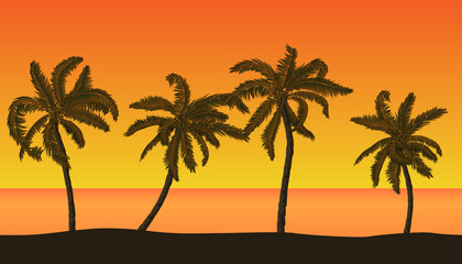 Seamless vector summer beach landscape with detailed palm trees on orange sunset background.