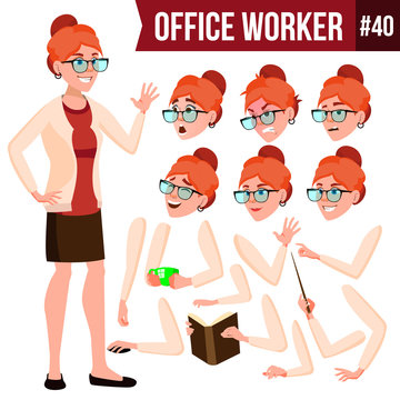 Office Worker Vector. Woman. Modern Employee, Laborer. Business Woman. Emotions, Gestures. Animation Creation Set. Flat Cartoon Illustration