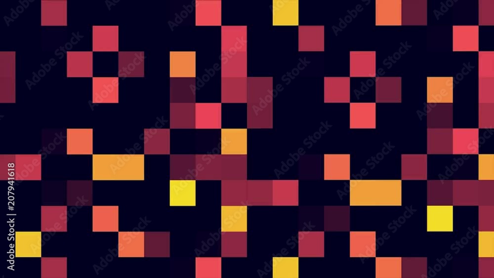 Poster Motion abstract background colorful pixels flashing and switch. Animation background glowing of mosaic tiles. Moving technologic squares with shine light. Abstract Red Squares background - Seamless