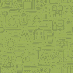 Hiking and Camping Seamless Pattern in Line Style. Outdoor Camp Adventure Theme. Vector illustration. Background. Hiking Print.