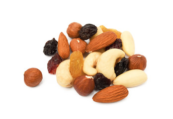 Mixed fresh nuts and raisins isolated on white background