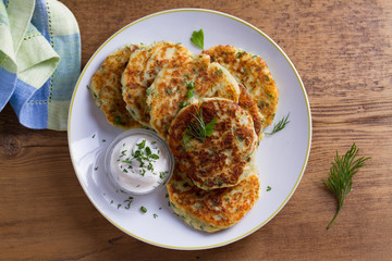 Herb and Cheese Mashed Potato Cakes. Potato Pancakes. Vegetable fritters. View from above, top studio shot