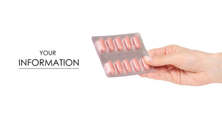 The pill in blister medicine in hand pattern on white background isolation