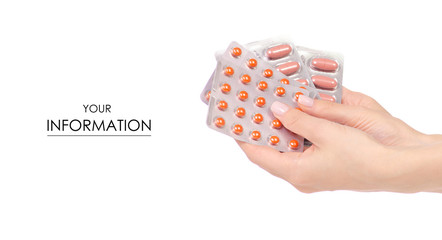 The pill in blister medicine in hand pattern on white background isolation