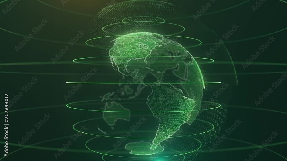 Poster Animation Globe with dot world map HUD and infographic graph bar element spin on dark background. Animation of abstract data with globe of earth in digital space. Global business backdrop. Animation