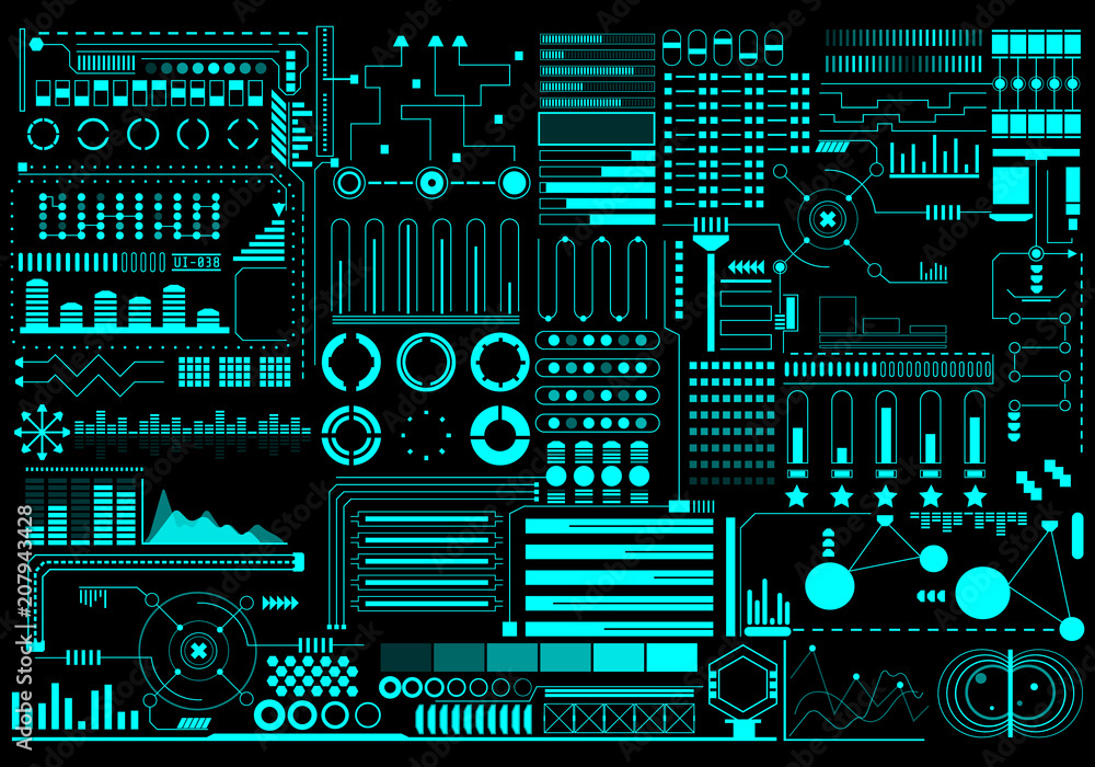 Fototapete HUD Futuristic Elements Background Layout Pattern Design Vector. Green Abstract Future UI Monitor Control Template Illustration