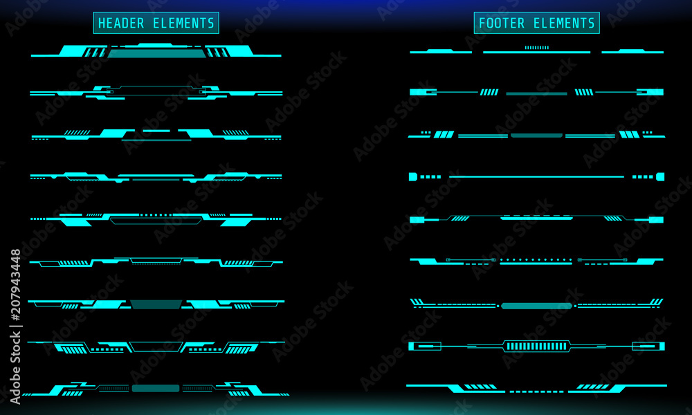 Aufkleber HUD Futuristic Header And Footer Elements Set For UI Inforgraphic Vector. Green Abstract Future Cyber Hologram Bar Shape Illustration.