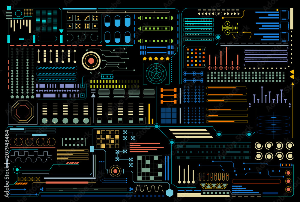 Poster HUD Futuristic Elements Pattern Background Design Vector. Colorful Abstract UI Monitor Control Template Illustration