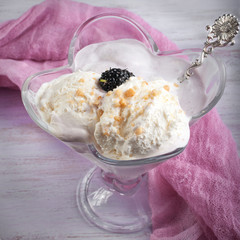 Delicious, cold dessert with a pleasant taste of mulberries and milk.