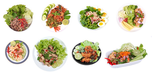 Spicy salad as ,Spicy and sour mixed herb salad with minced pork, deep-fried chicken,boiled eggs,grilled pork , carp eggs of silver barb fish and canned tuna