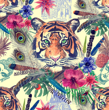 Seamless watercolor patten with tiger heads, leaves, flower, feathers.