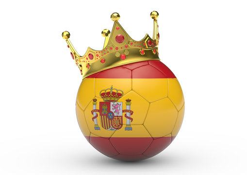 Fu&szlig;ball mit Spanien-Flagge und Krone, 3D-Rendering