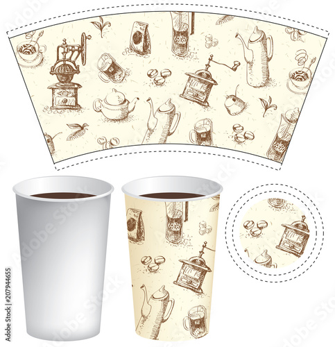 Vector Paper Cup Template For Hot Drinks With Drawings Of Teapots Cups Coffee Grinders And Other Doodles On Tea And Coffee Theme In Retro Style Wall Mural Paseven Vector Paper Cup Template For Hot Drinks With Drawings Of Teapots Cups Coffee Grinders And Other Doodles On Tea And Coffee Theme In Retro Style Wall Mural Paseven