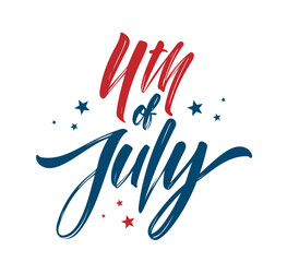 Vector illustration: Handwritten brush lettering composition of 4th of July on white background. Happy Independence Day