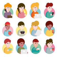 Collection of flat design illustrations. Set of portraits of avatars of cute men and women of different age isolated on a white background