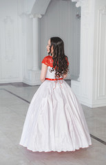 Fototapeta premium Beautiful woman in medieval dress with crinoline in the hall. Back pose