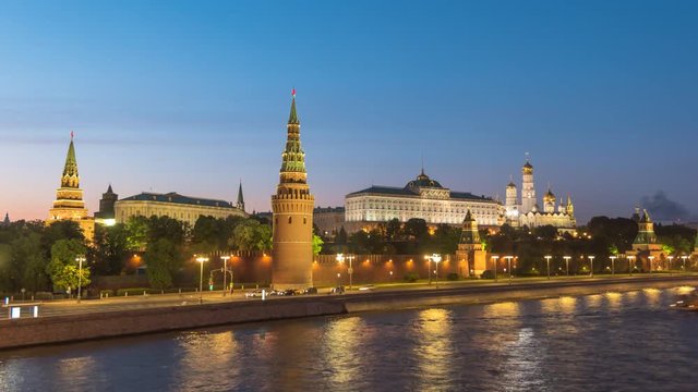 Moscow city skyline day to night timelapse at Kremlin Palace Red Square and Moscow River, Moscow Russia 4K Time Lapse