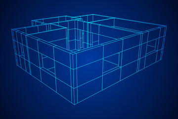 Abstract architecture building. Plan of modern house. Wireframe low poly mesh construction.