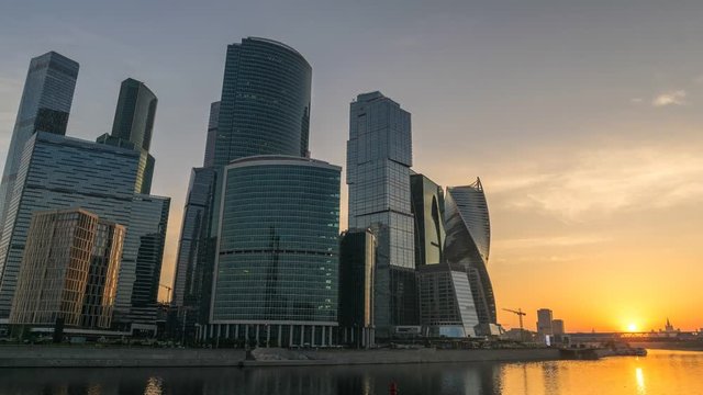 Moscow city skyline sunrise timelapse at business center district and Moscow River, Moscow Russia 4K Time Lapse