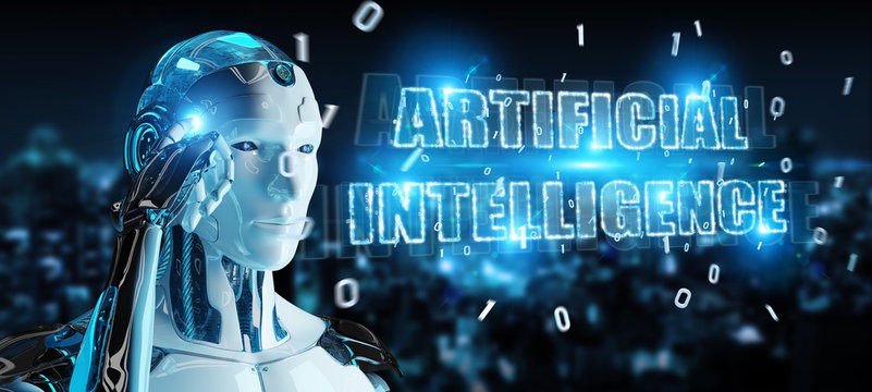 White cyborg using digital artificial intelligence text hologram 3D rendering