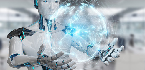 White robot using digital sphere connection hologram 3D rendering