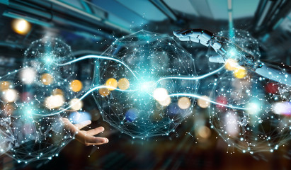 White humanoid hand using digital global network 3D rendering