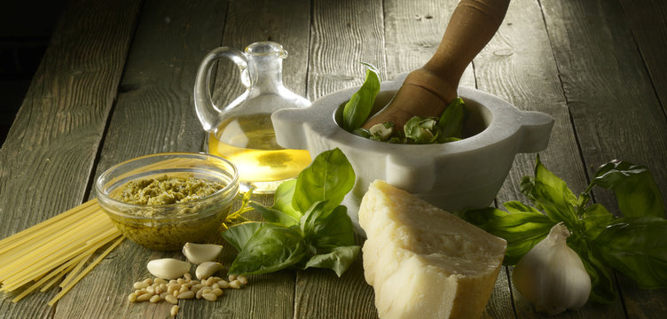 Ingredients for Genoise pesto sauce on the wooden table