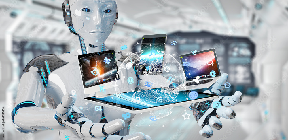 Poster white cyborg connecting devices together 3d rendering