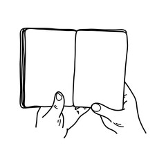 close-up hand holding book with blank pages vector illustration sketch doodle hand drawn with black lines isolated on white background