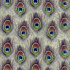 Seamless watercolor pattern with peacock feathers.