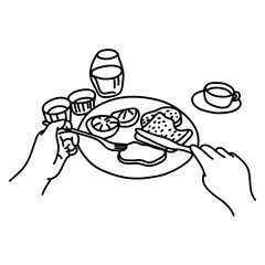 POV close-up man having meal vector illustration sketch doodle hand drawn with black lines isolated on white background