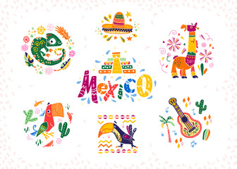 Vector set of hand drawn decorative arrangements with traditional Mexican symbols and elements - Mexico lettering, decor, sombrero, guitar, cactus, llama, parrot,  etc. isolated on white background.