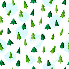 Vector artistic seamless pattern for Merry Christmas holiday with hand drawn watercolor different shapes fir tree and paint spots isolated on white background. Packaging paper, cards design.