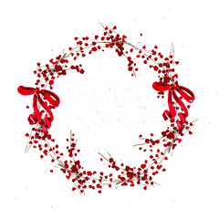 Vector artistic watercolor hand drawn Merry Christmas decoration wreath with holly berry branches & bow isolated on white background. Congratulation design element, card, invitation, banner, package.