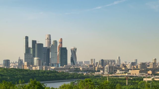 Moscow city skyline timelapse at Business Center District view from Sparrow Hill, Moscow Russia 4K Time Lapse