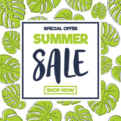 Summer Sale - poster with tropical leaves. Vector.