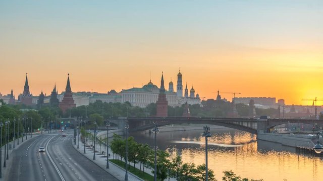 Moscow city skyline sunrise timelapse at Kremlin Palace Red Square and Moscow River, Moscow Russia 4K Time Lapse