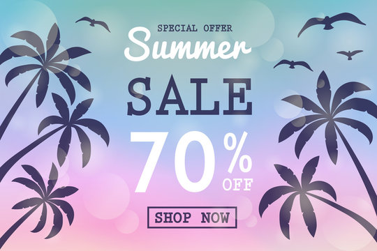 Summer Sale - banner with tropical palms. Vector.