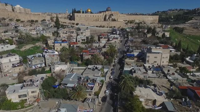 Aerial Fly Jerusalem Alleys Villages And Old City To Temple Mount Western Wall