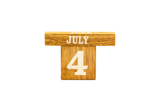 4 July text on wooden cubes. USA independence day isolate white background 