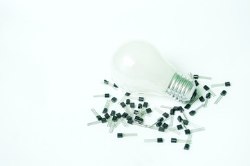 The bulb and the transistors isolated on a white background