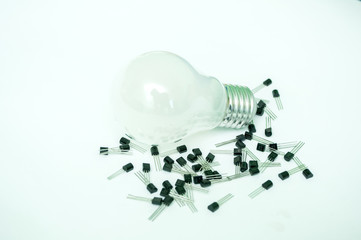 The bulb and the transistors isolated on a white background