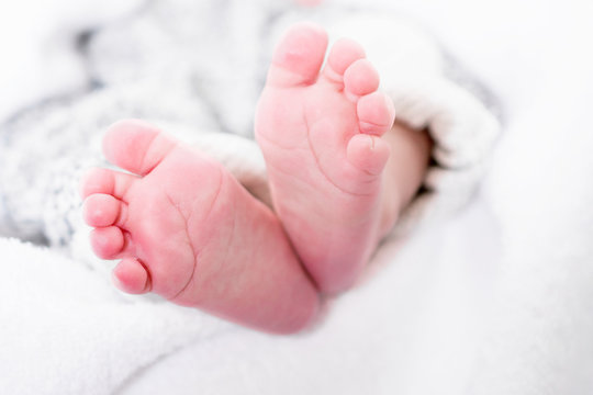 closeup of newborn baby feet. Template for baby book or baby photo album