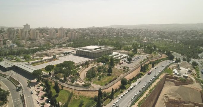 The Knesset Building In Jerusalem, Aerial view of Israel National Legislature Parliament Government. House of Law and Democracy Israeli Parliament house, Capital Jerusalem, Israe