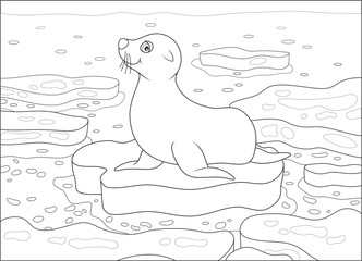 Seal on a drifting ice floe in a polar sea, black and white vector illustration in a cartoon style for a coloring book