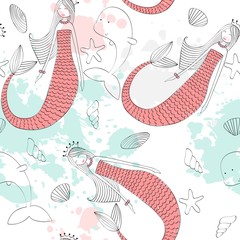 Vector seamless pattern with a mermaid and a dolphin