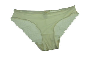 Green silk lace panties isolated on white background. Green underwear.